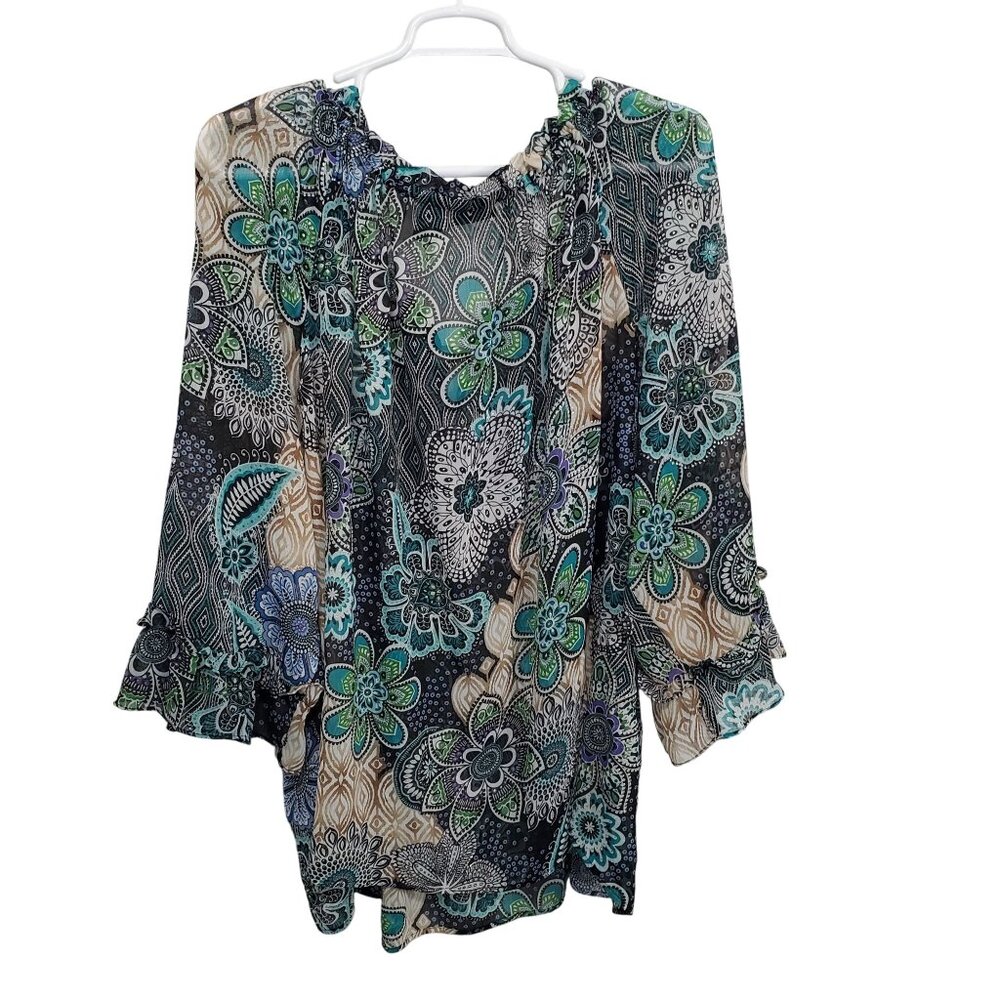 Maggie Barnes Size 5X Top Boho Floral Peasant 3/4 Bell Sleeves Lightweight Sheer - Picture 3 of 16